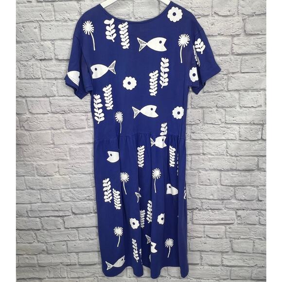 VTG Cotton Fields by M Mac Womens Petite L Blue Stencil Fish Print Maxi Dress - Picture 2 of 6